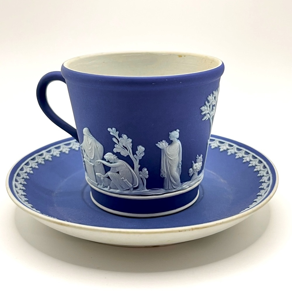 Wedgwood Jasperware Blue & White Demitasse Cup & Saucer Set RARE